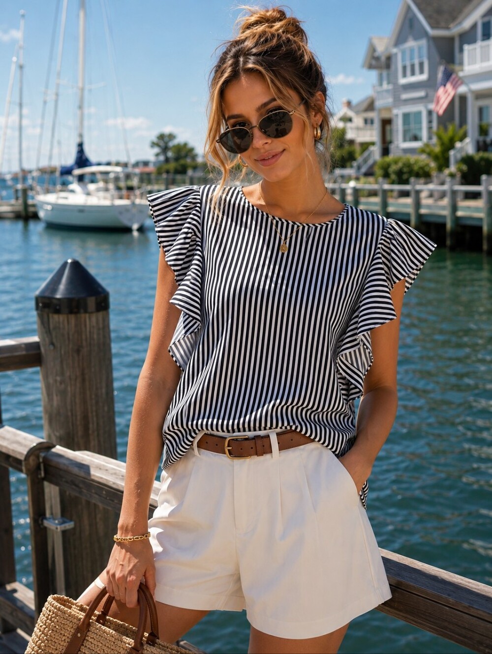 Bobeau Black White Striped Ruffle Sleeve Blouse Women’s Large Flutter Sleeve Top